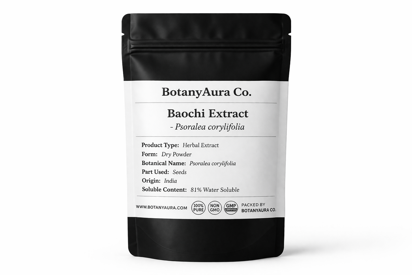 Babchi Extract Powder Psoralea corylifolia in black pouch BotanyAura Co