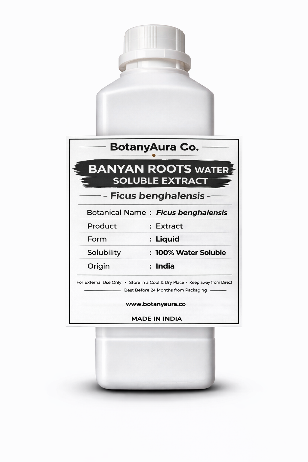 Banyan Roots Water Soluble Extract by BotanyAura Co. in white bottle
