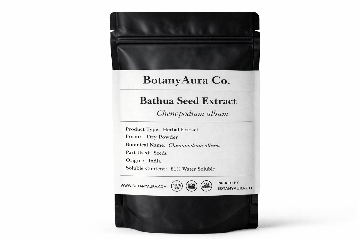 Bathua Seed Extract Powder Chenopodium album in black pouch BotanyAura Co
