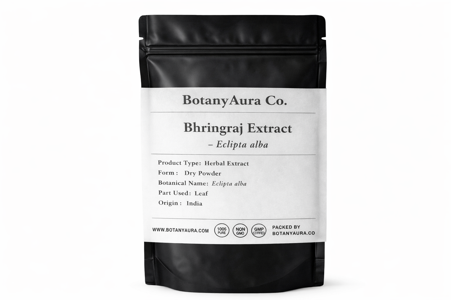 Bhringraj Extract Powder Eclipta alba in black pouch BotanyAura Co
