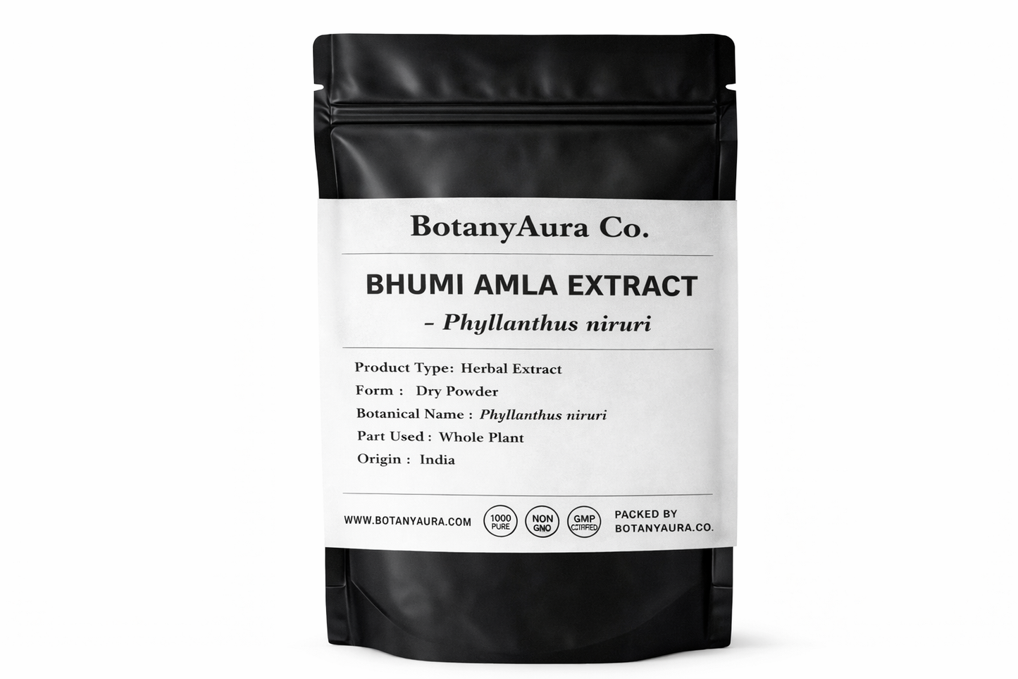 Bhumi Amla Extract Powder Phyllanthus niruri in black pouch BotanyAura Co