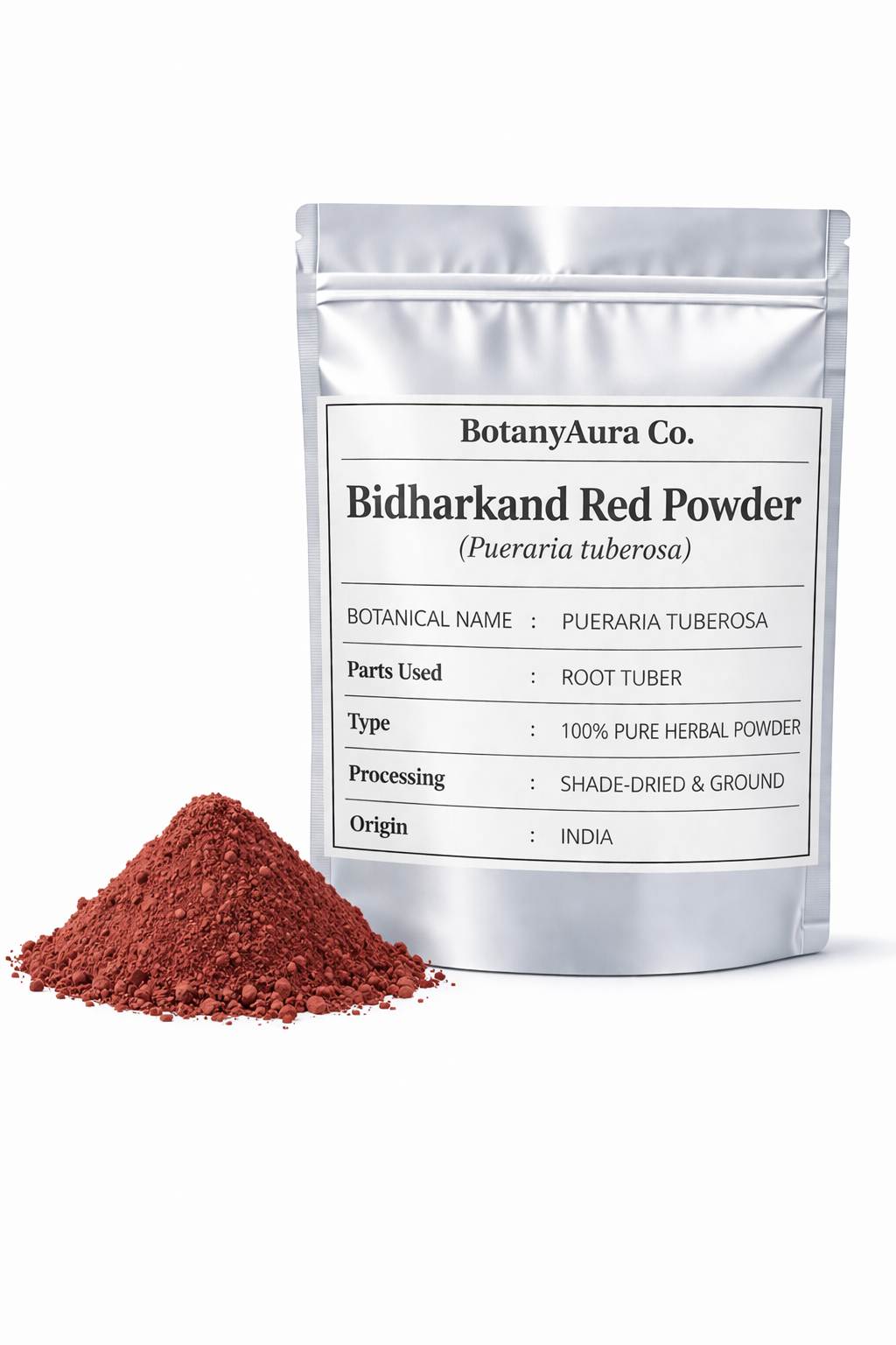 Bidharkand red powder pueraria tuberosa in silver pouch packaging with fine herbal root powder by BotanyAura Co