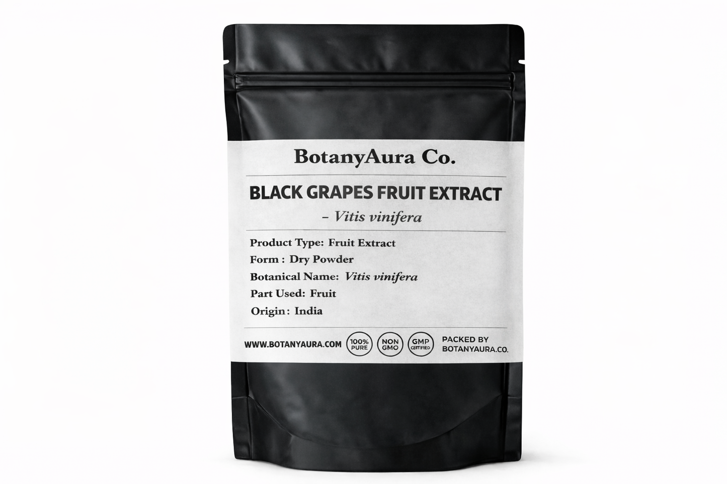 Premium Black Grapes Fruit Extract Vitis vinifera powder in matte black pouch BotanyAura