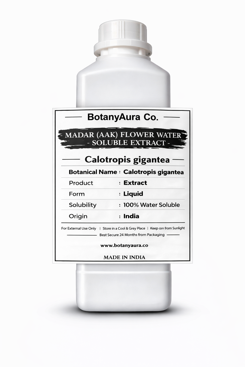 Madar (Aak) Flower Water Soluble Extract by BotanyAura Co. in white bottle