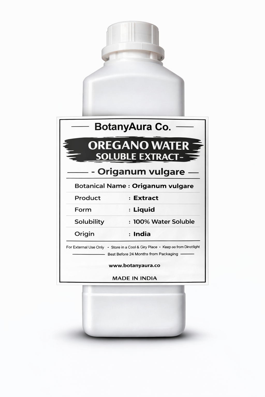 Oregano Water Soluble Extract by BotanyAura Co. in white bottle