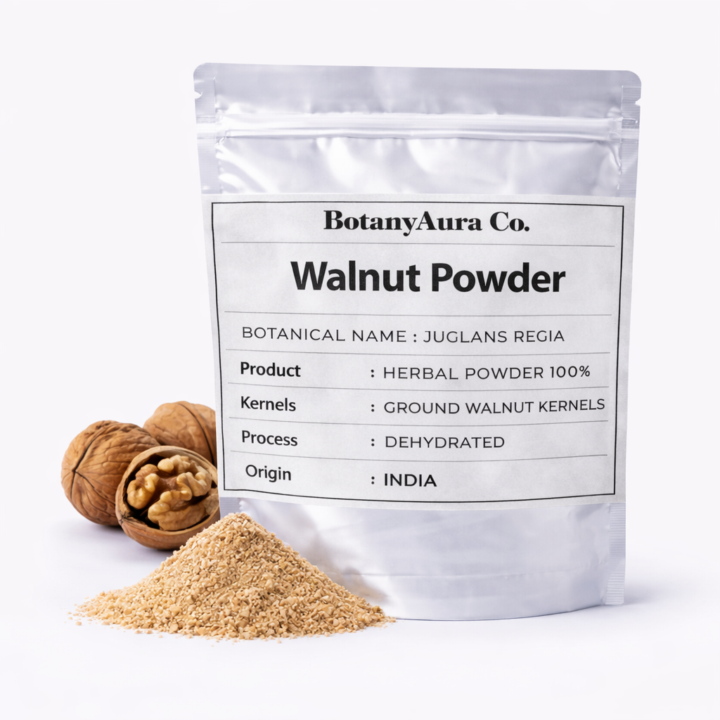 Walnut Powder in silver pouch with whole walnuts and ground powder on white background premium product shot