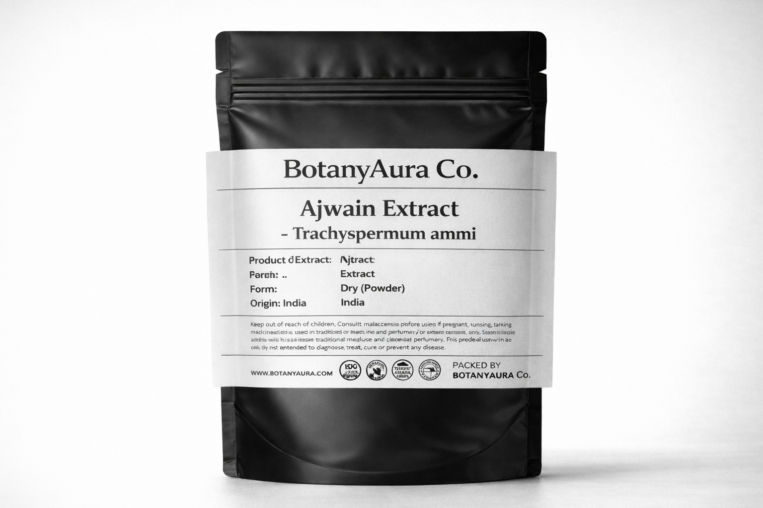 Ajwain Extract Powder (Trachyspermum ammi) in black pouch – premium herbal extract for digestive health