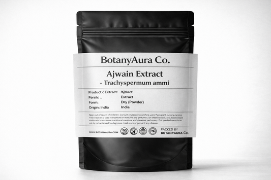 Ajwain Extract Powder (Trachyspermum ammi) in black pouch – premium herbal extract for digestive health