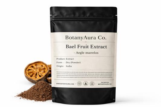 Bael Fruit Extract Powder (Aegle marmelos) in black pouch with dark brown powder – premium herbal extract