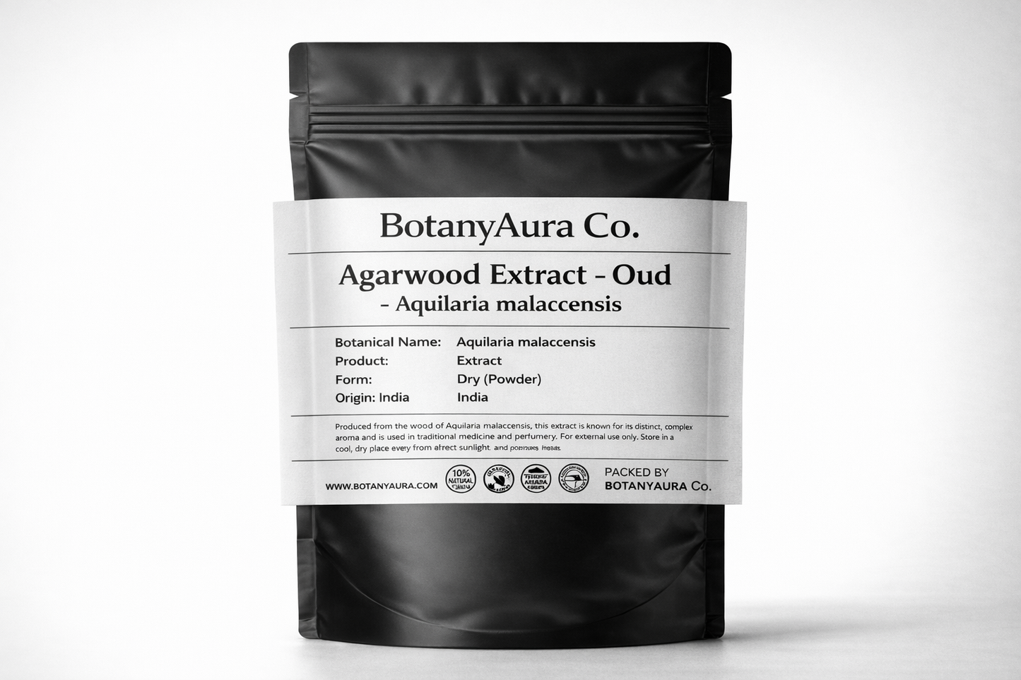 Agarwood Extract Powder Oud Aquilaria malaccensis BotanyAura Co black pouch packaging