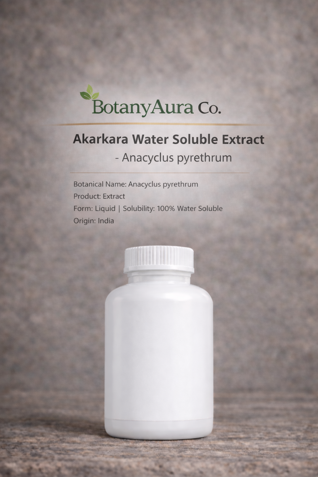 Akarkara Water Soluble Extract by BotanyAura Co. in white bottle