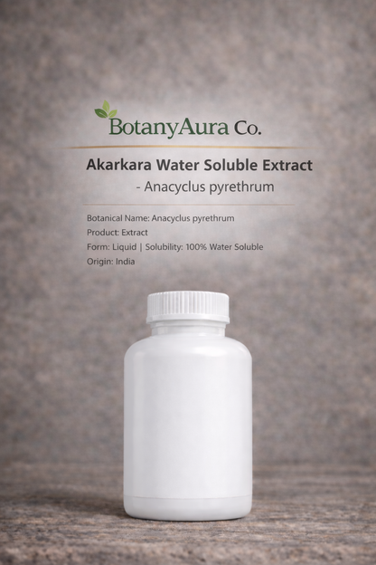 Akarkara Water Soluble Extract by BotanyAura Co. in white bottle