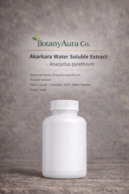 Akarkara Water Soluble Extract by BotanyAura Co. in white bottle