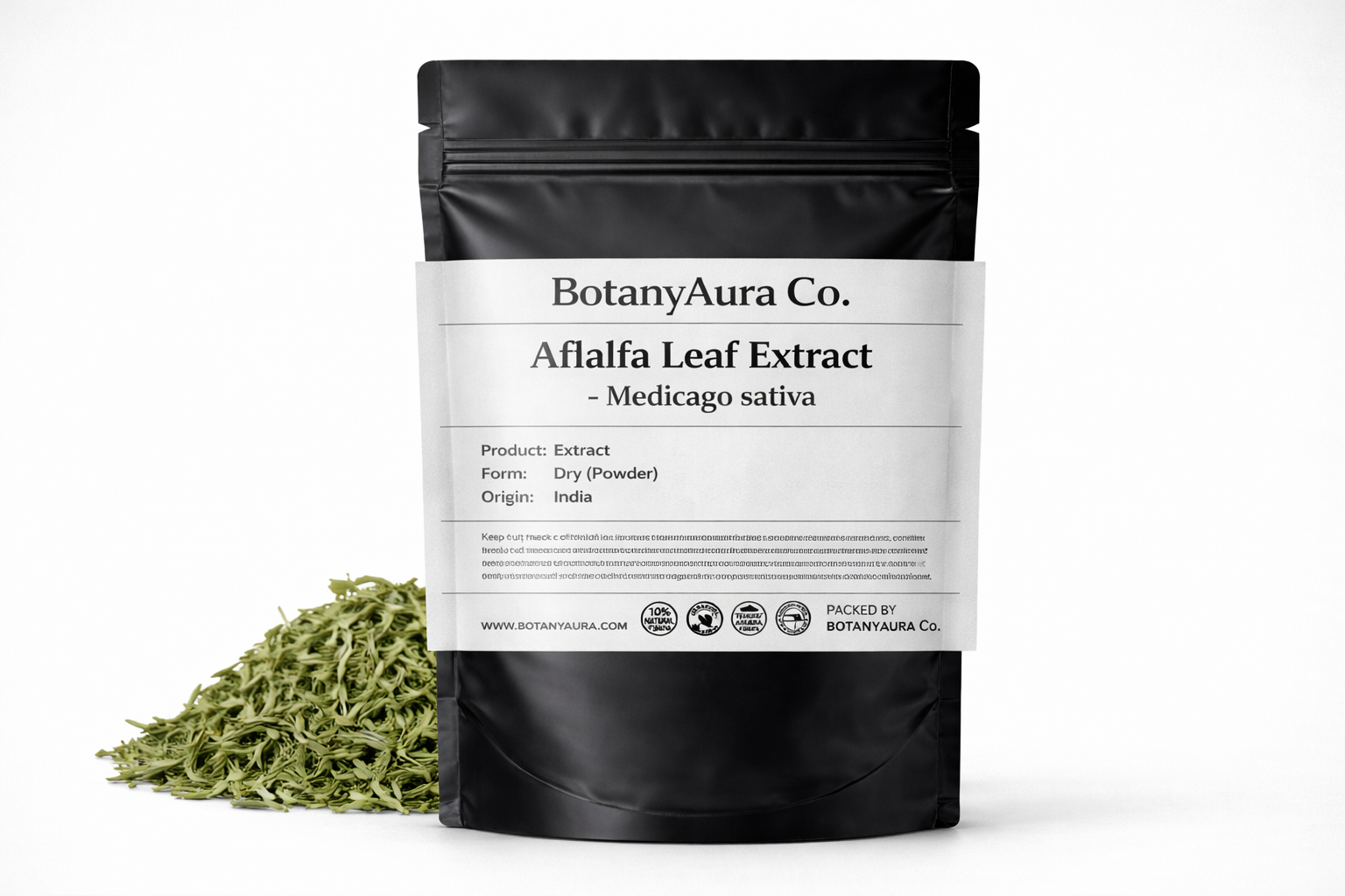 Alfalfa Leaf Extract Powder (Medicago sativa) in black pouch with green leaves – premium herbal extract