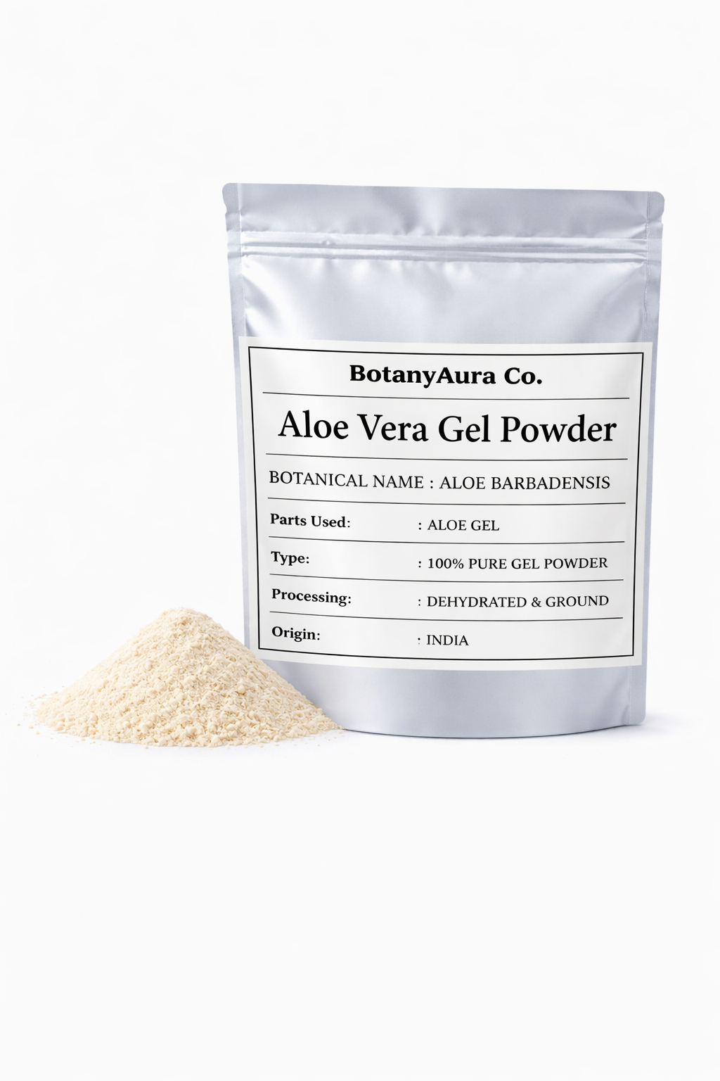 Aloe vera gel powder aloe barbadensis in silver pouch packaging with fine herbal powder by BotanyAura Co
