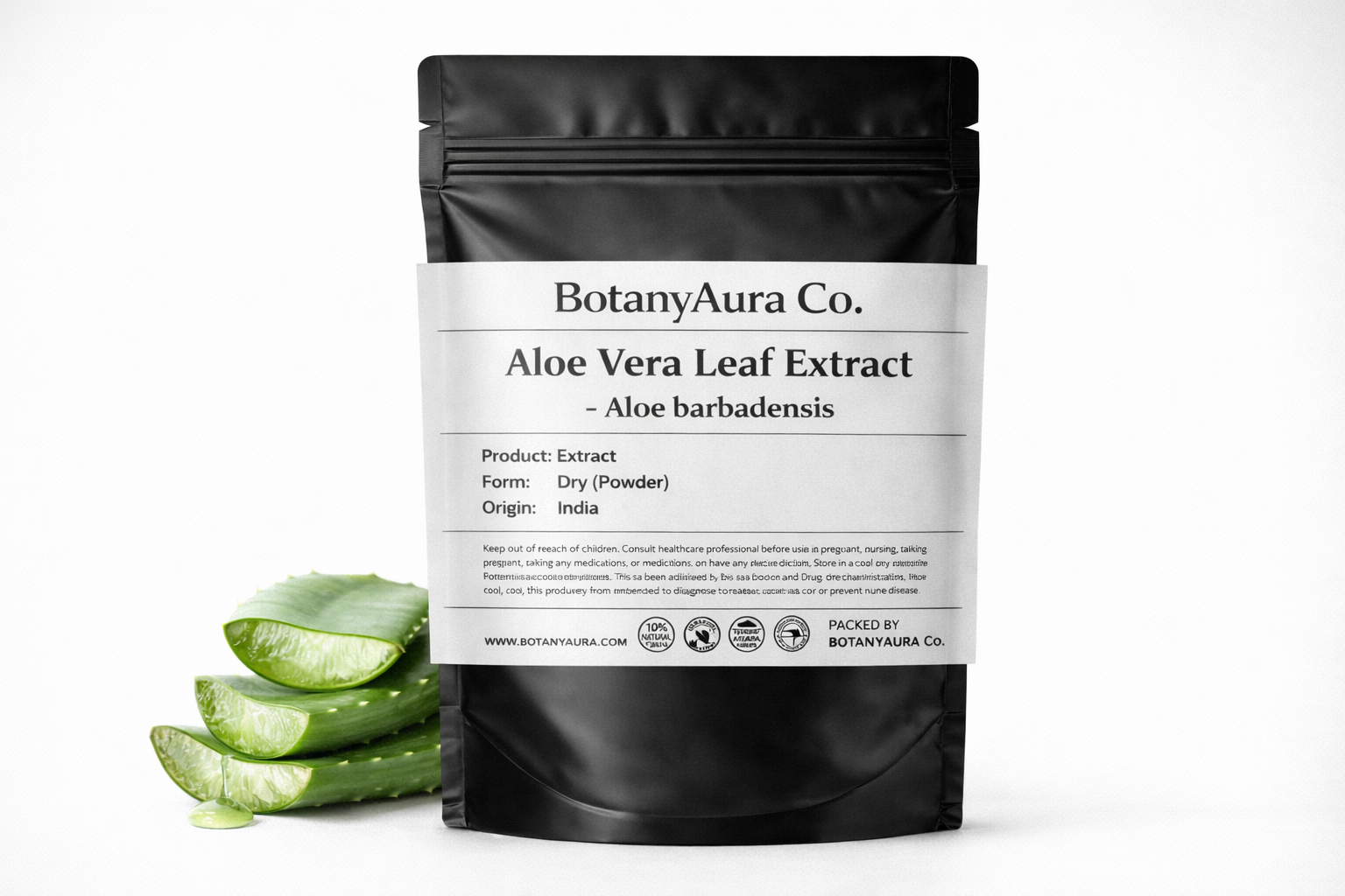 Aloe Vera Leaf Extract Powder (Aloe barbadensis) in black pouch with fresh aloe leaves – premium herbal extract