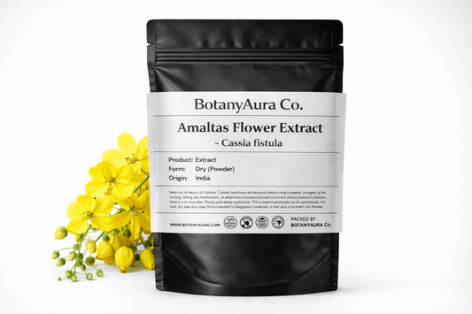 Amaltas Flower Extract Powder (Cassia fistula) in black pouch with yellow flowers – premium herbal extract
