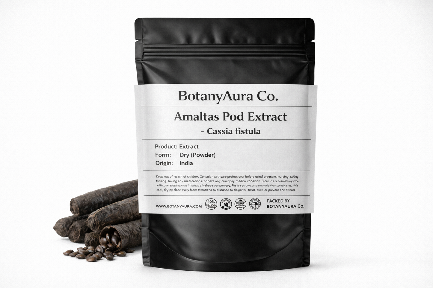 Amaltas Pod Extract Powder (Cassia fistula) in black pouch with dried pods – premium herbal extract