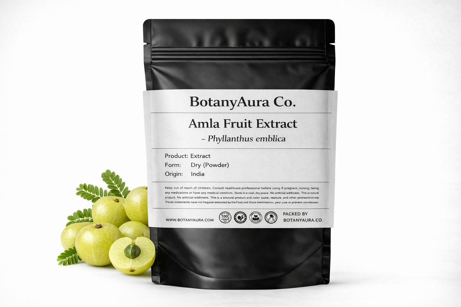 Amla Fruit Extract Powder (Phyllanthus emblica) in black pouch with fresh amla fruits – premium herbal extract