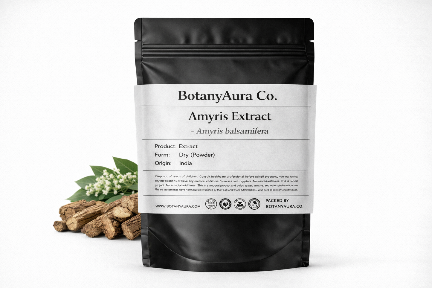 Amyris Extract Powder (Amyris balsamifera) in black pouch with wood – premium aromatic herbal extract