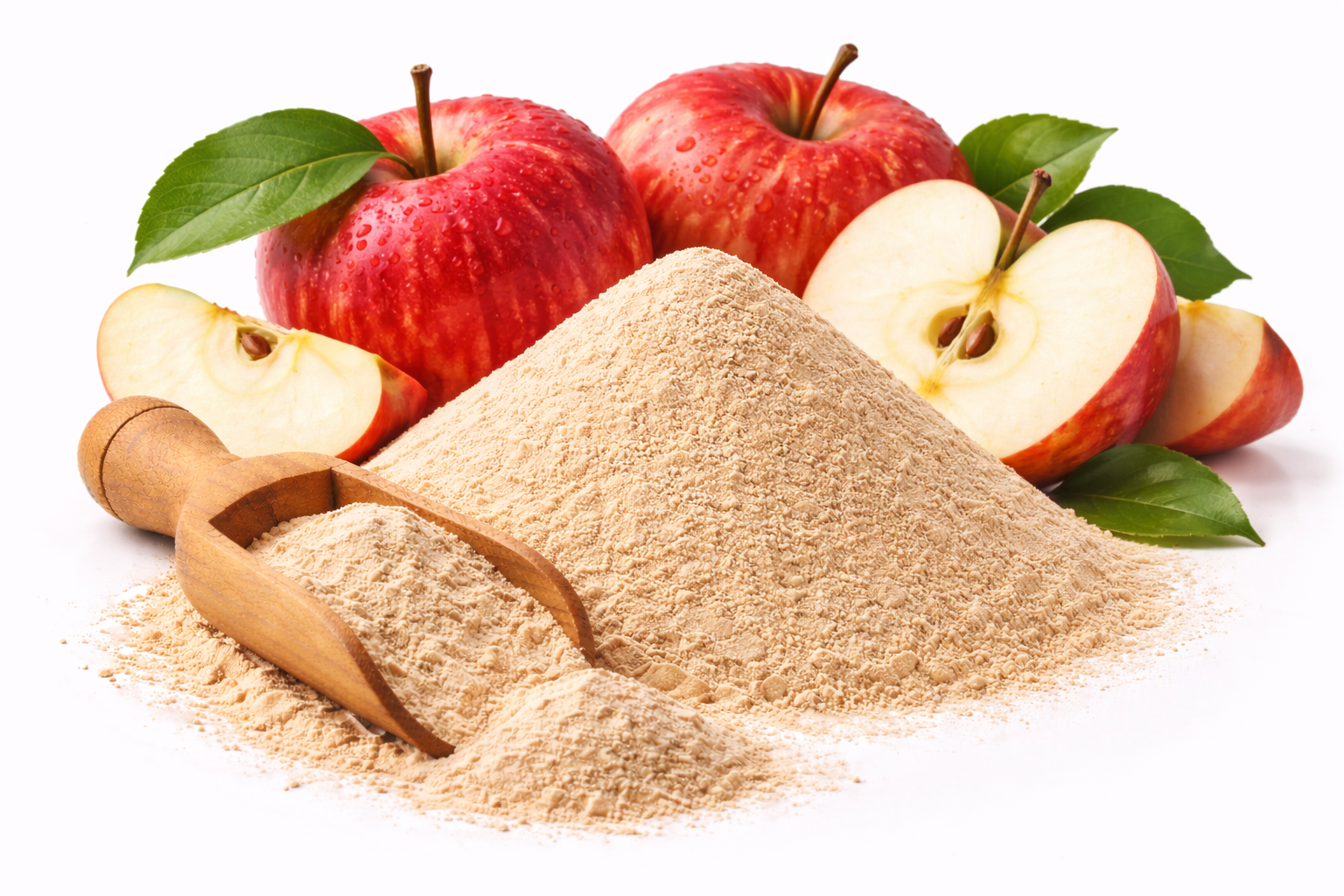 Apple powder made from dried apples, 100% pure and natural fruit powder on white background