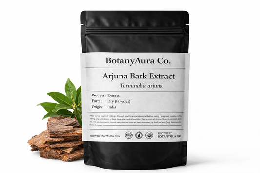Arjuna Bark Extract Powder (Terminalia arjuna) in black pouch with bark – premium Ayurvedic herbal extract