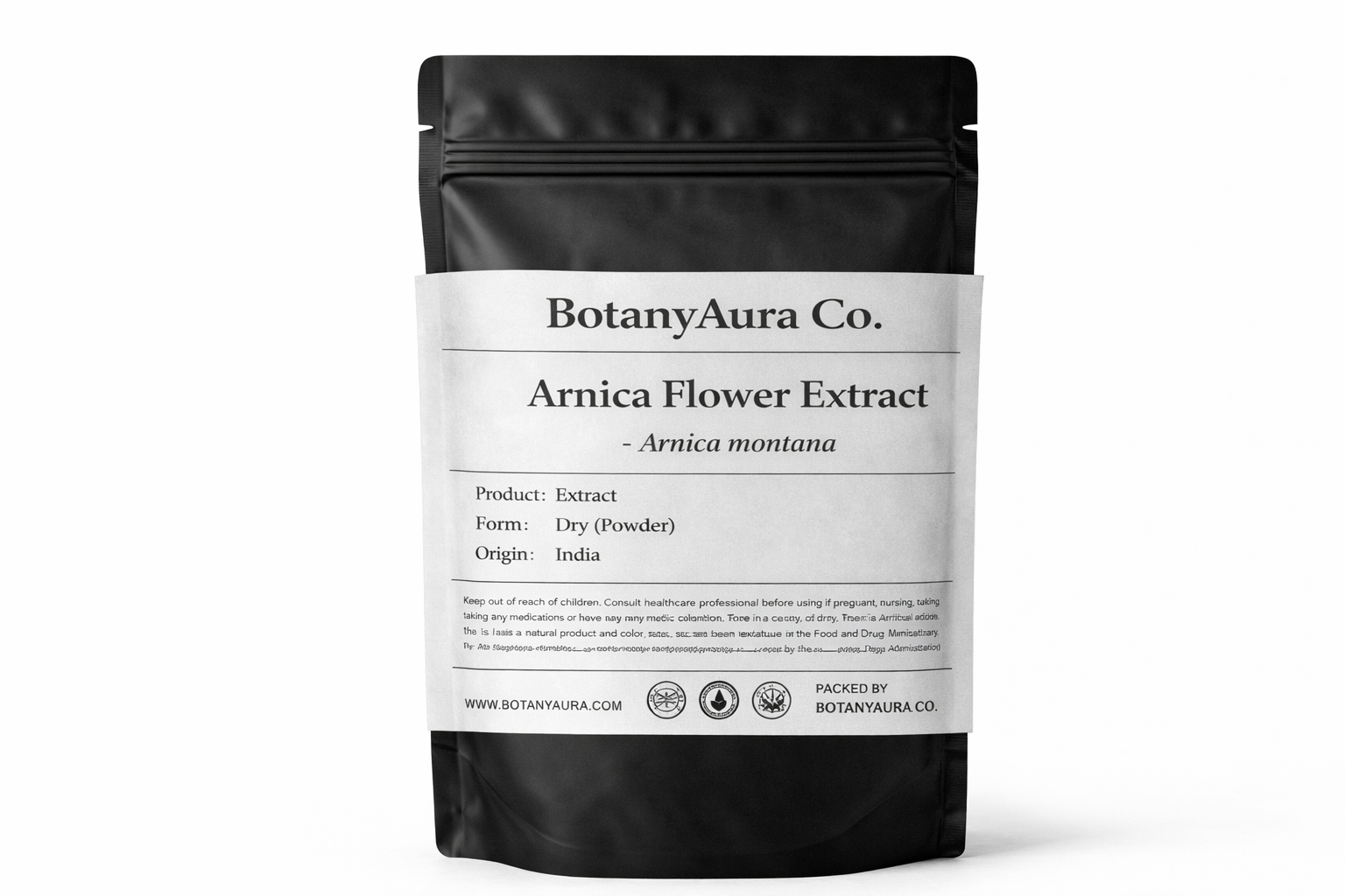 Arnica Flower Extract Powder (Arnica montana) in black pouch – premium cosmetic herbal extract