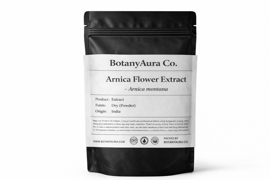 Arnica Flower Extract Powder (Arnica montana) in black pouch – premium cosmetic herbal extract