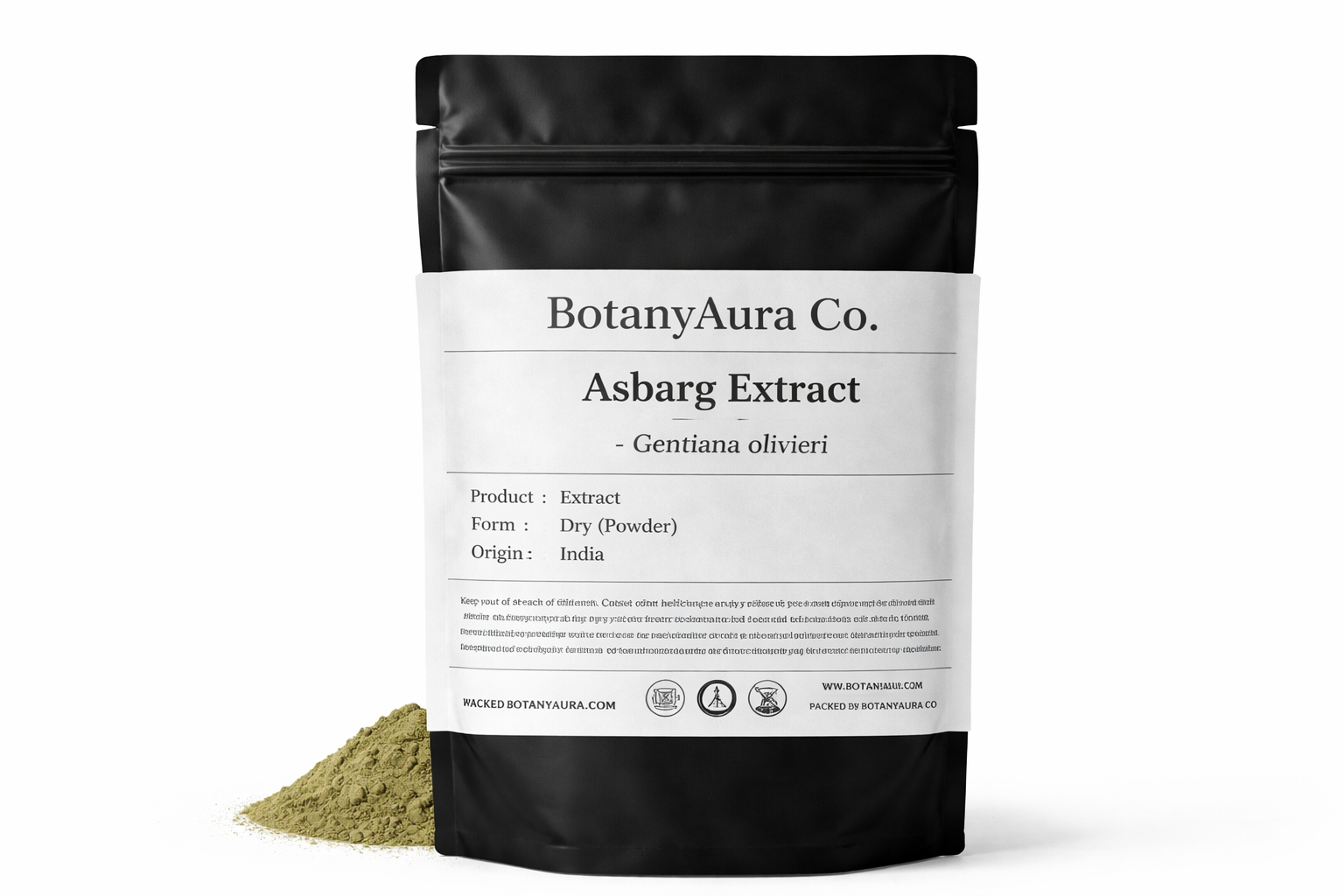 Asbarg Extract Powder (Gentiana olivieri) in black pouch – premium bitter herbal extract