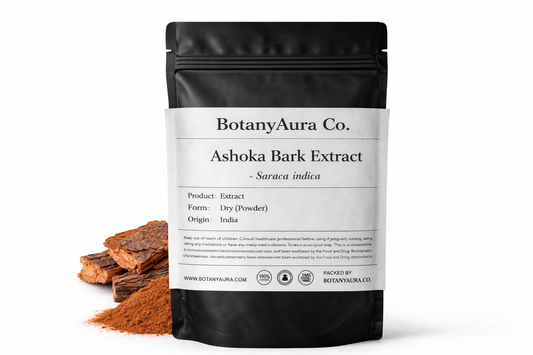 shoka Bark Extract Powder (Saraca indica) in black pouch with bark – premium Ayurvedic herbal extract