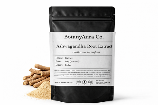Ashwagandha Root Extract Powder (Withania somnifera) in black pouch with roots – premium adaptogenic herbal extract