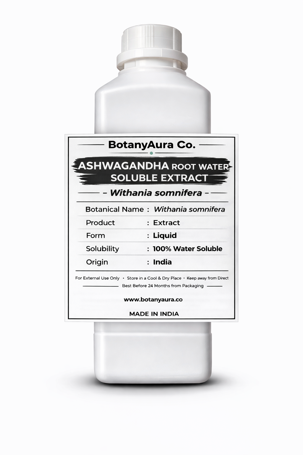 Ashwagandha Root Water Soluble Extract by BotanyAura Co. in white bottle