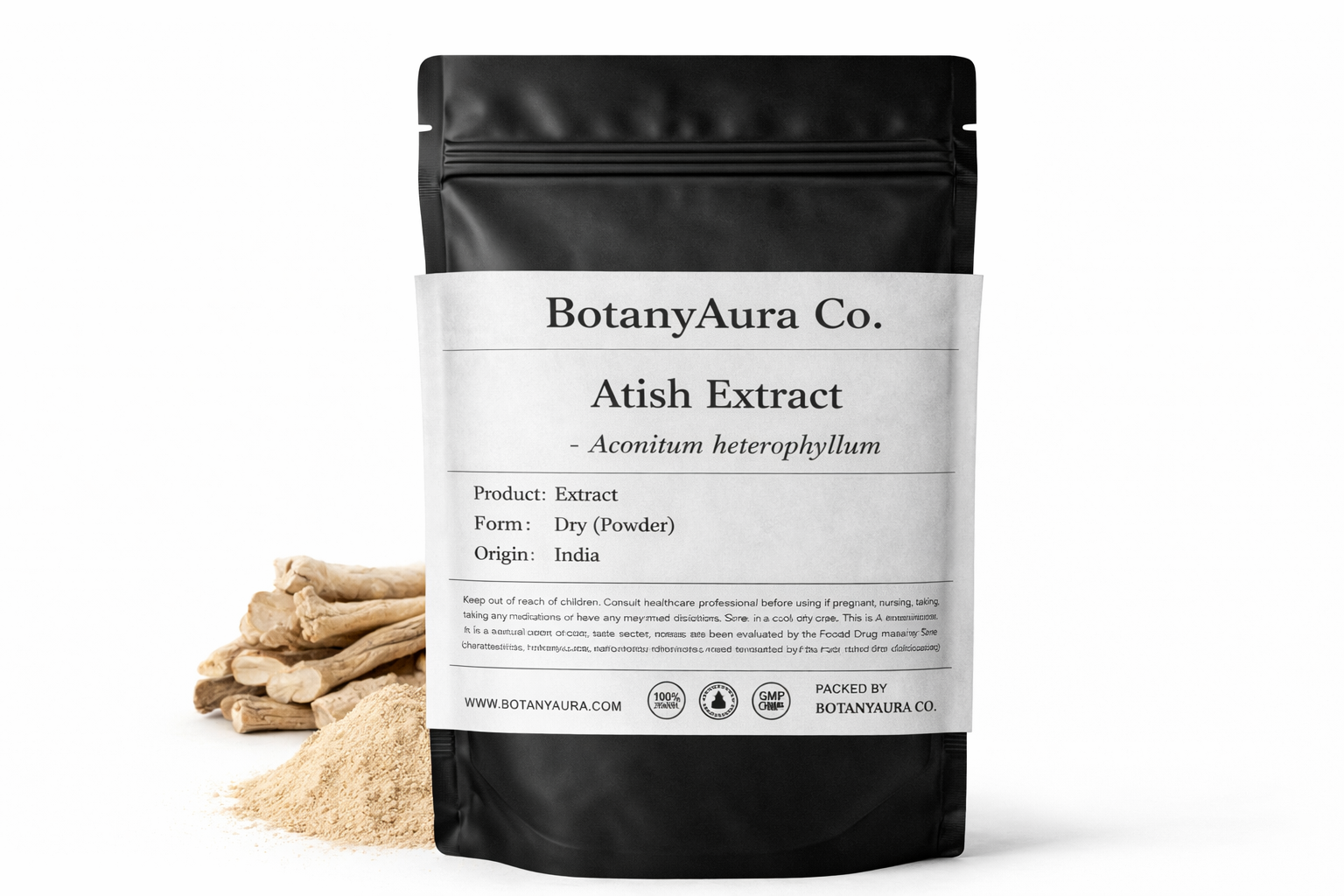 Atish Extract Powder (Aconitum heterophyllum) in black pouch with roots – premium Ayurvedic herbal extract