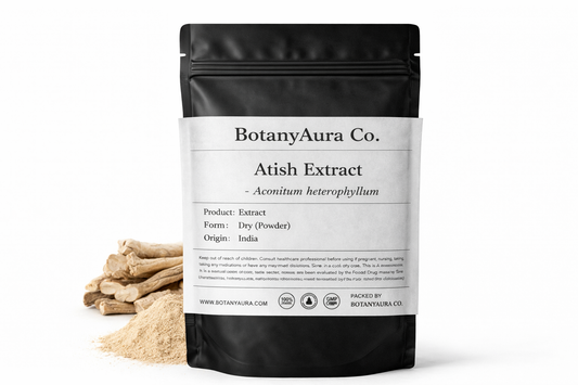 Atish Extract Powder (Aconitum heterophyllum) in black pouch with roots – premium Ayurvedic herbal extract