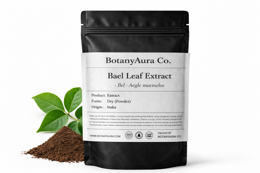 Bael Leaf Extract Powder (Aegle marmelos) in black pouch with dark brown powder and green leaves – premium herbal extract