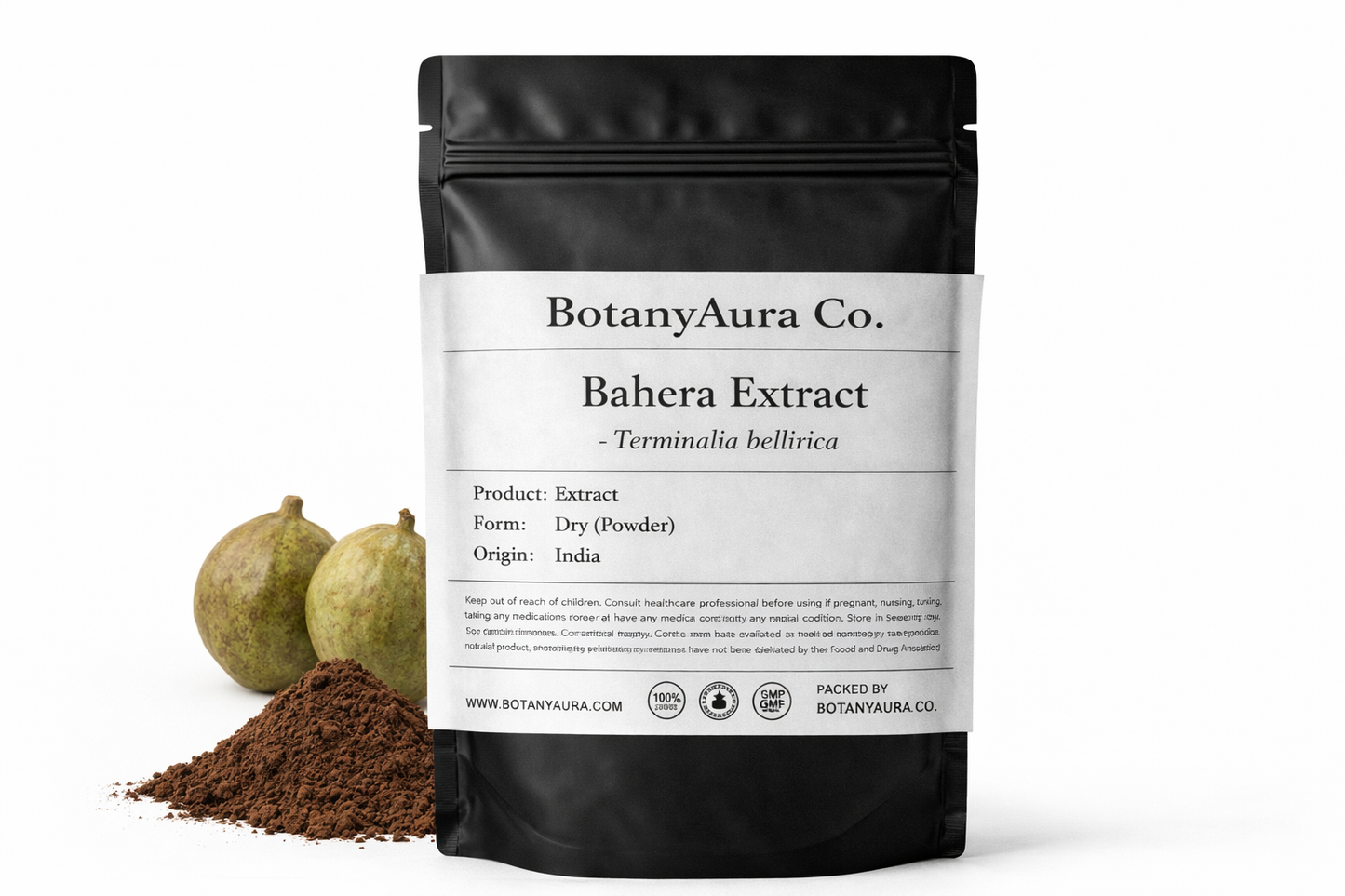 Bahera Extract Powder (Terminalia bellirica) in black pouch with dark brown powder and fruits – premium herbal extract