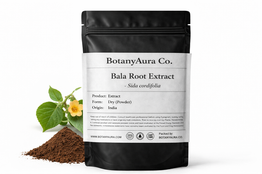 Bala Root Extract Powder (Sida cordifolia) in black pouch with dark brown powder – premium herbal extract