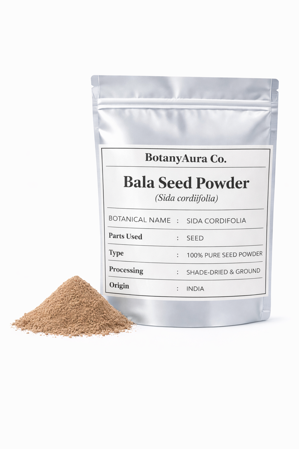 Bala seed powder sida cordifolia in silver pouch packaging with fine herbal seed powder by BotanyAura Co