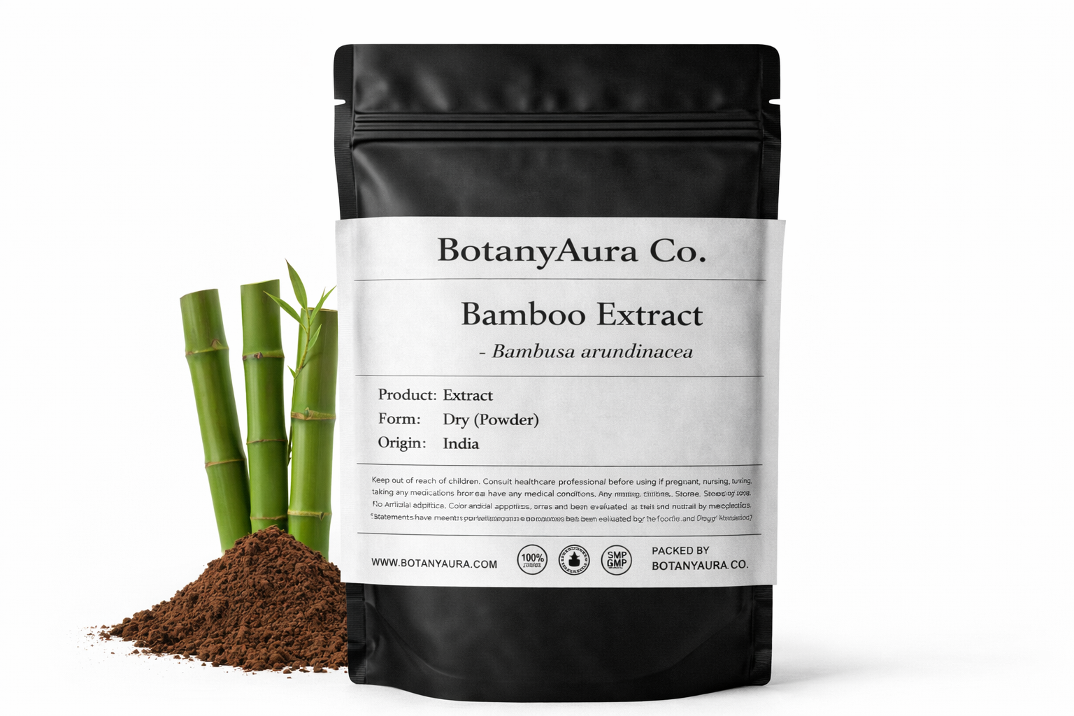 Bamboo Extract Powder (Bambusa arundinacea) in black pouch with dark brown powder and bamboo – premium herbal extract