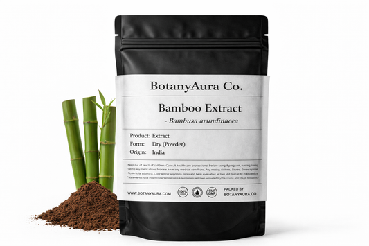 Bamboo Extract Powder (Bambusa arundinacea) in black pouch with dark brown powder and bamboo – premium herbal extract