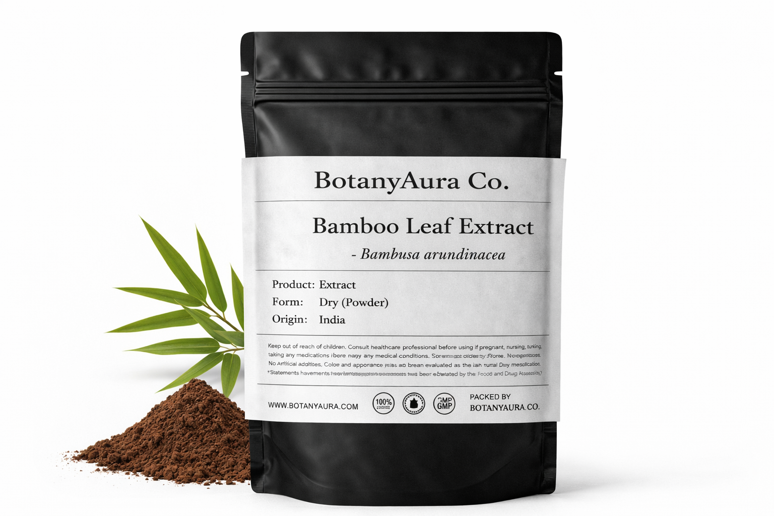 Bamboo Leaf Extract Powder (Bambusa arundinacea) in black pouch with dark brown powder and leaves – premium herbal extract