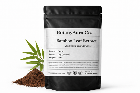 Bamboo Leaf Extract Powder (Bambusa arundinacea) in black pouch with dark brown powder and leaves – premium herbal extract