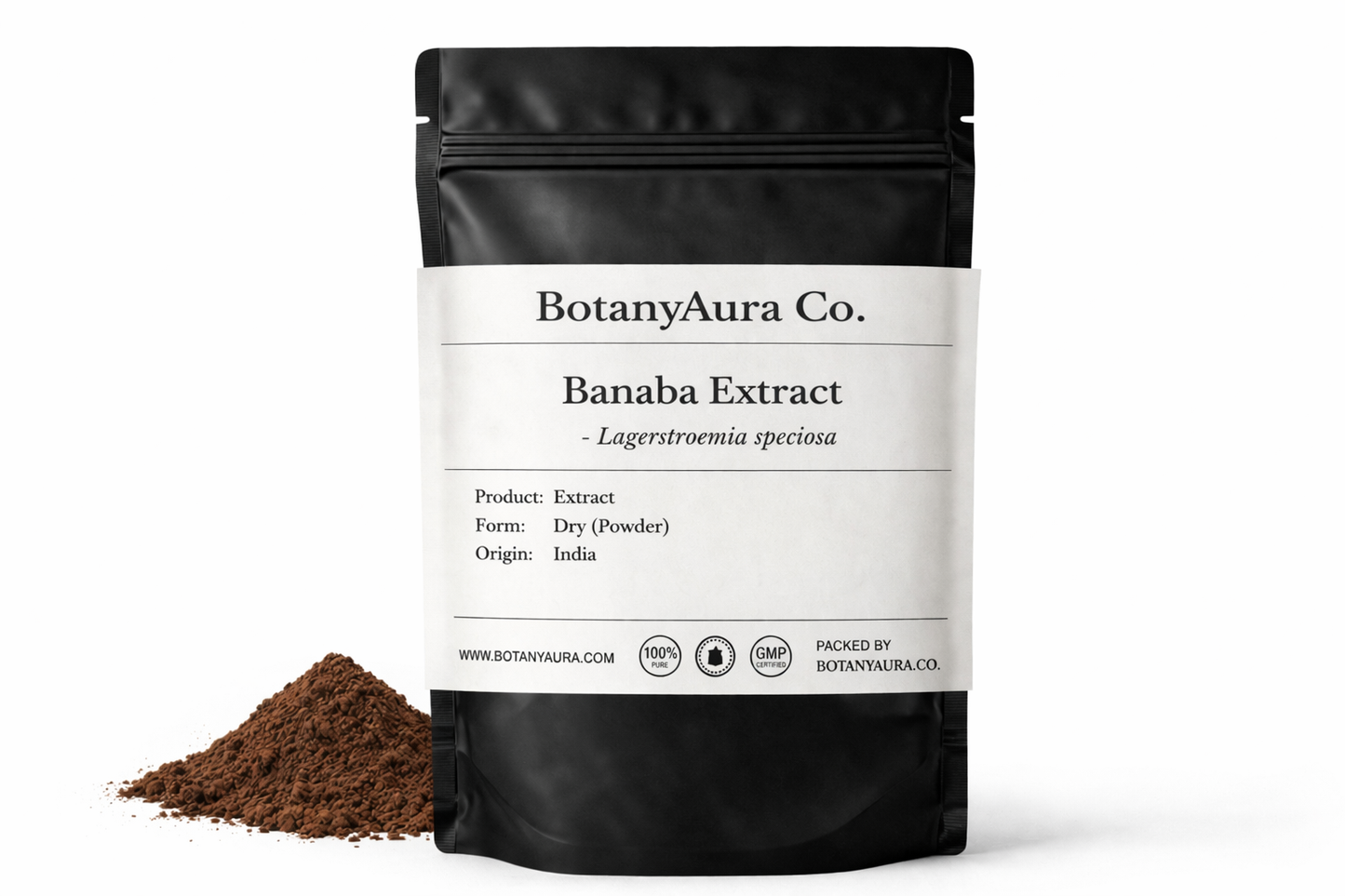 Banaba Extract Powder Lagerstroemia speciosa in black pouch BotanyAura Co