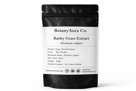 Barley Grass Extract Powder Hordeum vulgare in black pouch BotanyAura Co