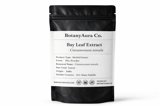 Bay Leaf Extract Powder Cinnamomum tamala in black pouch BotanyAura Co