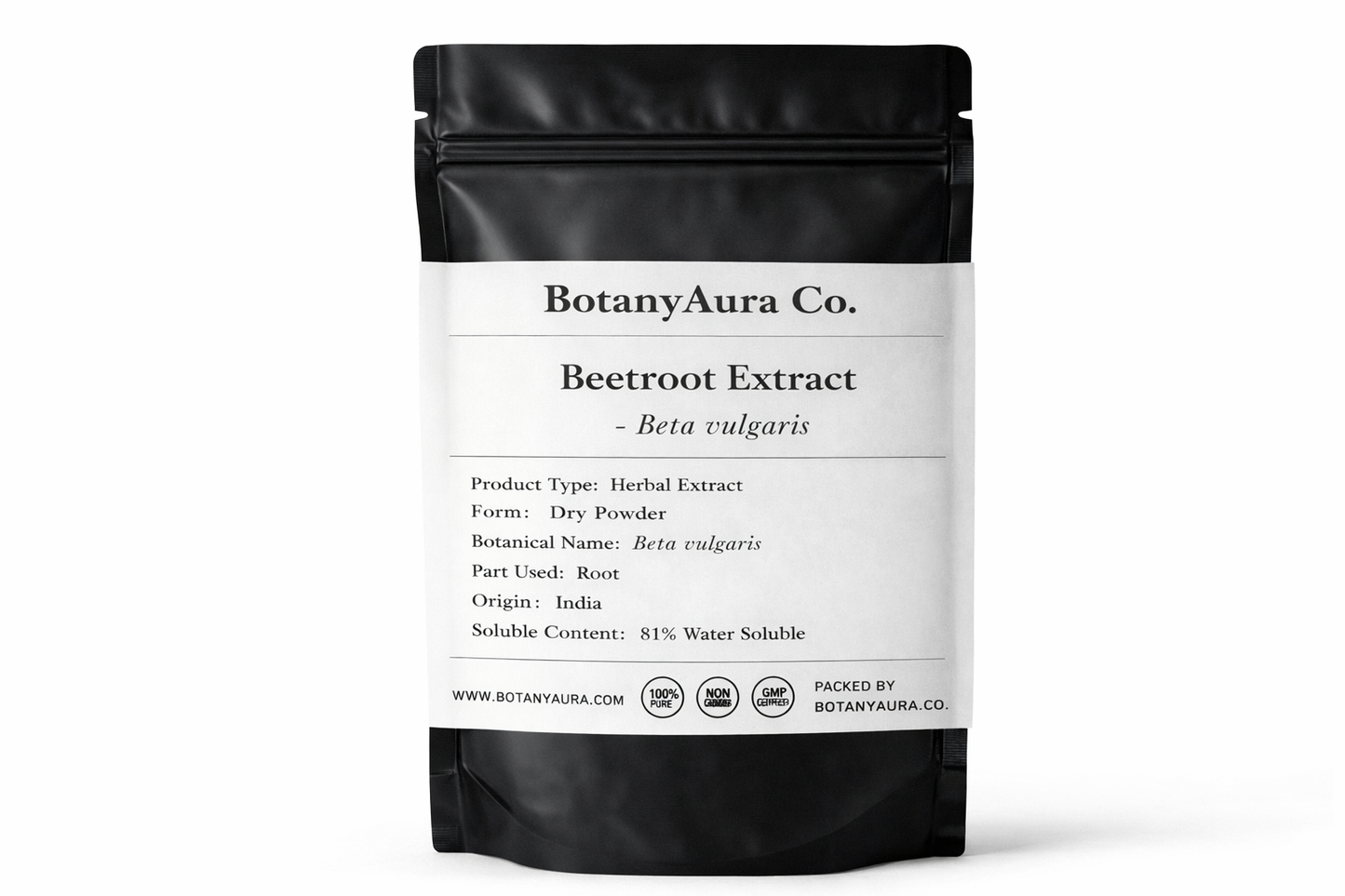 Beetroot Extract Powder Beta vulgaris in black pouch BotanyAura Co