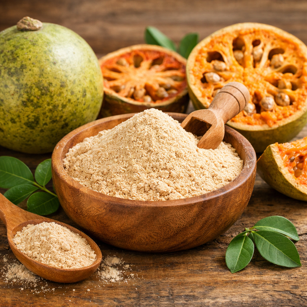 100% natural Bel Fruit Powder made from ripe bael fruit