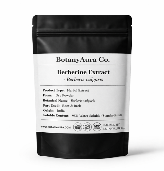 Berberine Extract Powder Berberis vulgaris in black pouch BotanyAura Co