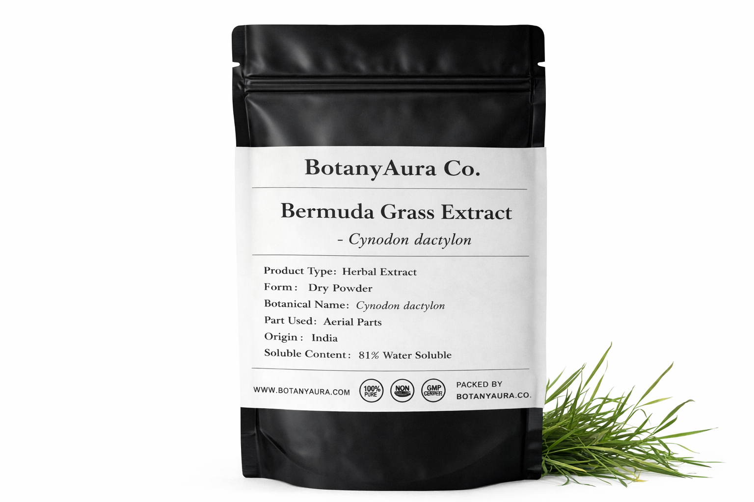 Bermuda Grass Extract Powder Cynodon dactylon in black pouch BotanyAura Co