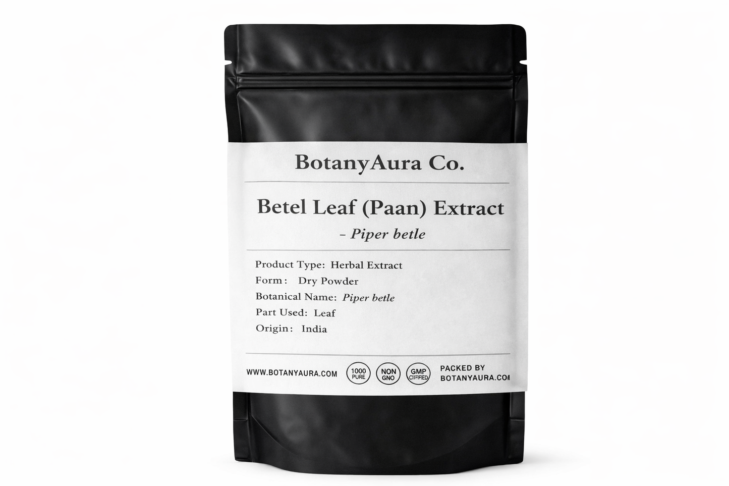 Betel Leaf Extract Powder Piper betle in black pouch BotanyAura Co